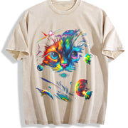 Cat Galaxy 90s ® Retro Mystical Cat Faded Vintage Washed T-Shirt in Beige