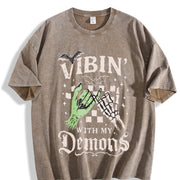 Halloween Vibin with My Demons Vintage Washed T-Shirt in Brown