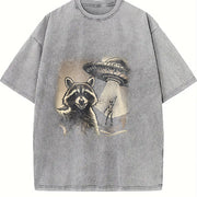 Raccoon Ufo Selfie 90s Vintage Washed T-Shirt in Gray