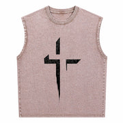 With Patterned Cross Vintage Washed Tank Top in Brown