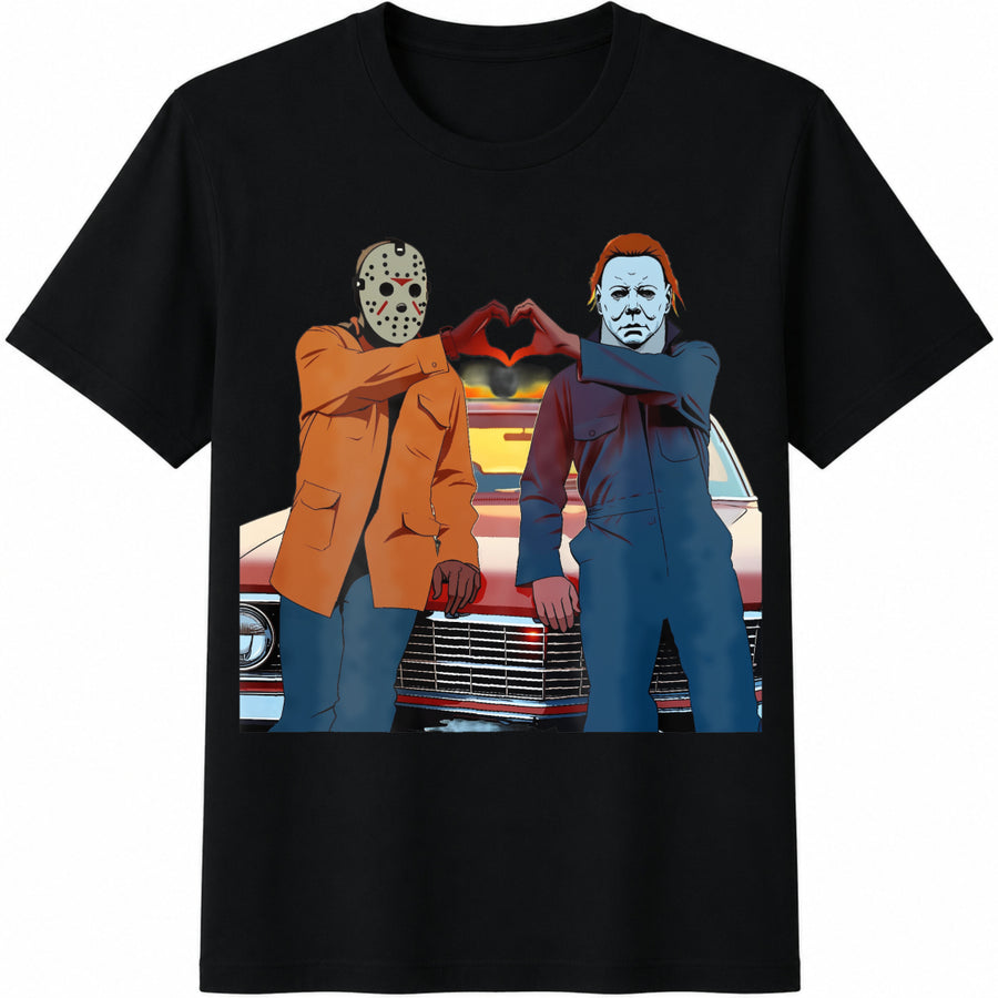 90s Horror Movie / Michael and Jason Heart Hands / Cotton T-Shirt in Black