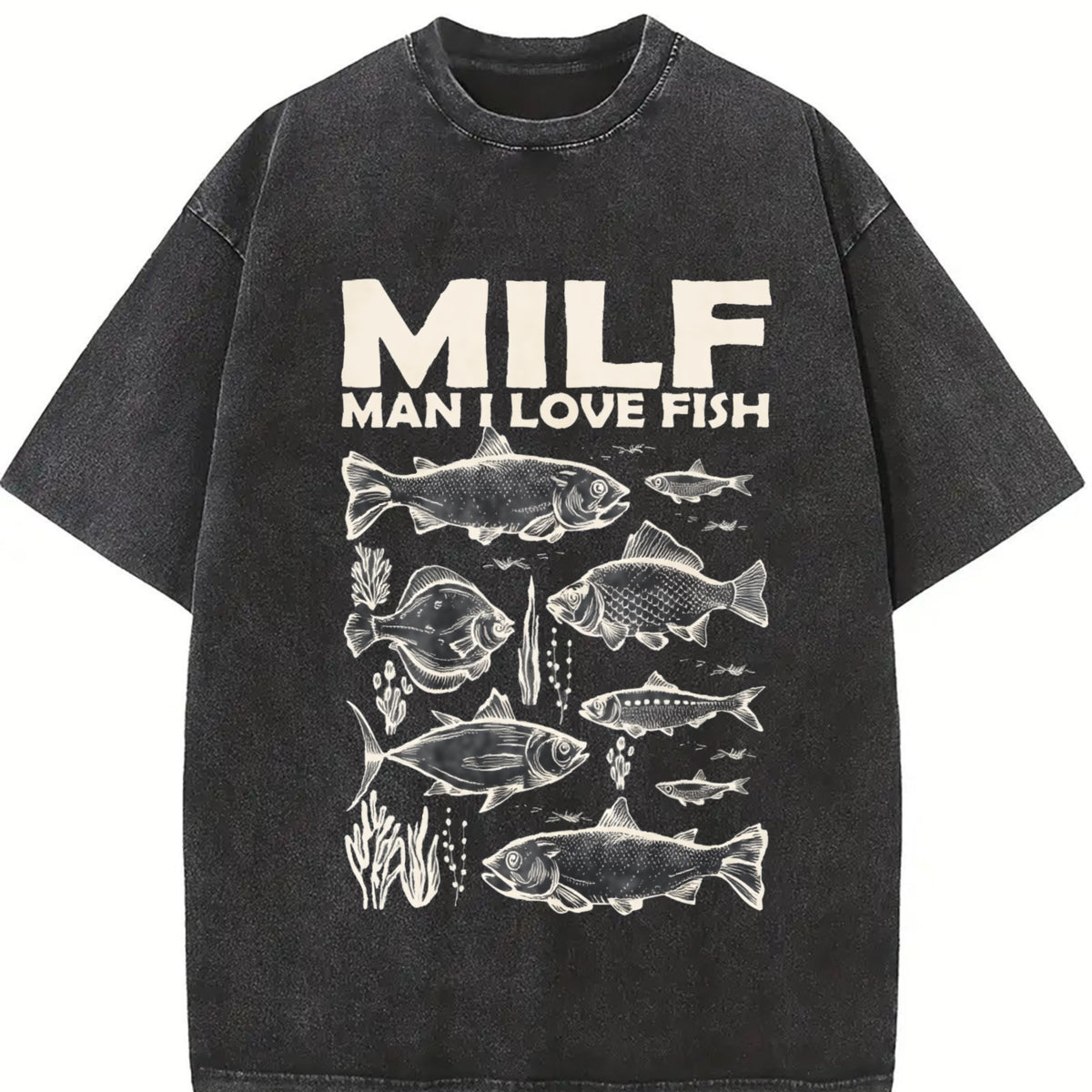 Milf Man I Love Fish 90s Vintage Washed T-Shirt in Black