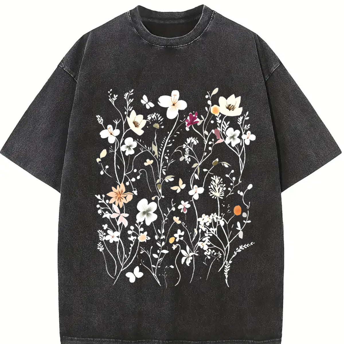 Boho Floral Vintage Washed T-Shirt in Black