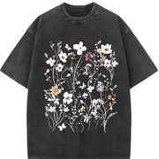 Boho Floral Vintage Washed T-Shirt in Black