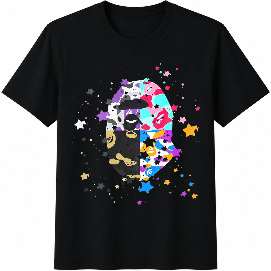 Us College Sta Multicolor Camo Ape Head Star Cotton T-Shirt in Black