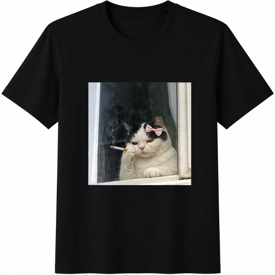 Smoking Cat Cute Bow Cat Meme Cotton T-Shirt in Black