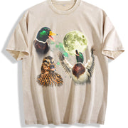 Mallard Duck Moon Retro Wildlife Bird Vintage Washed T-Shirt in Beige