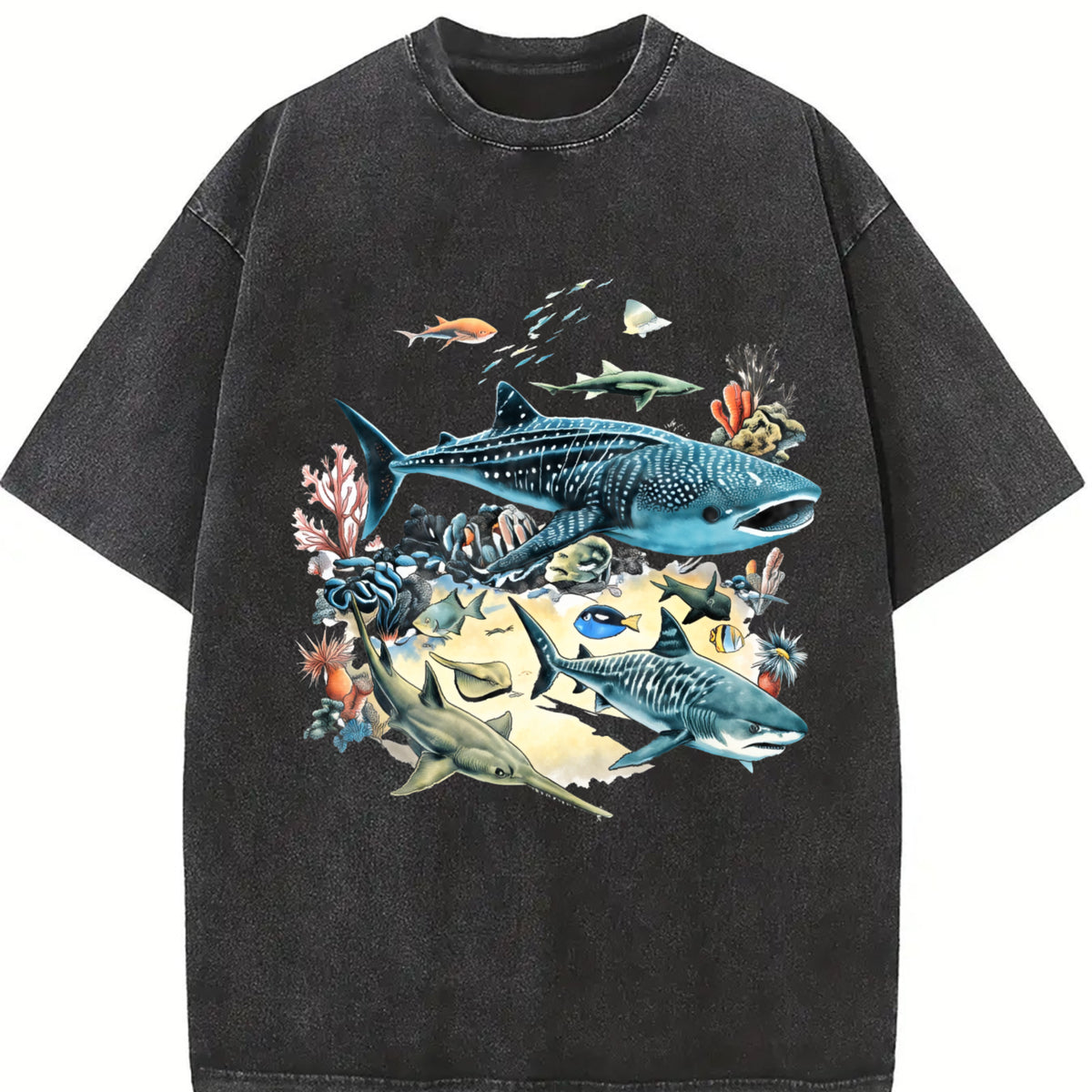 Marine Biology Ocean Sharks Illustration Boxy Vintage Washed T-Shirt in Black