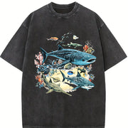 Marine Biology Ocean Sharks Illustration Boxy Vintage Washed T-Shirt in Black