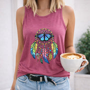 Dreamcatcher Butterfly Feathers Colorful Crew-neck Women's Color Cotton Tank Top in Red
