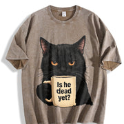 Is He Dead Yet Black Cat Dark Humor Liberal Democrat Vintage Washed T-Shirt in Brown