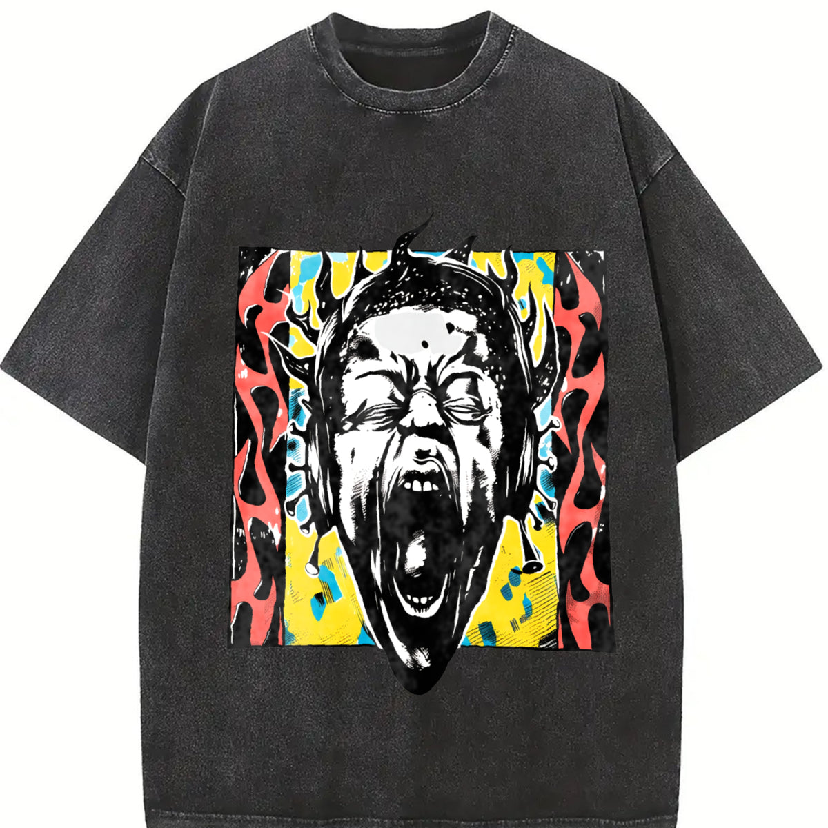 Premium Short-sleeve a Unique Punk Flame Screaming Face Vintage Washed T-Shirt in Black
