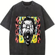 Premium Short-sleeve a Unique Punk Flame Screaming Face Vintage Washed T-Shirt in Black