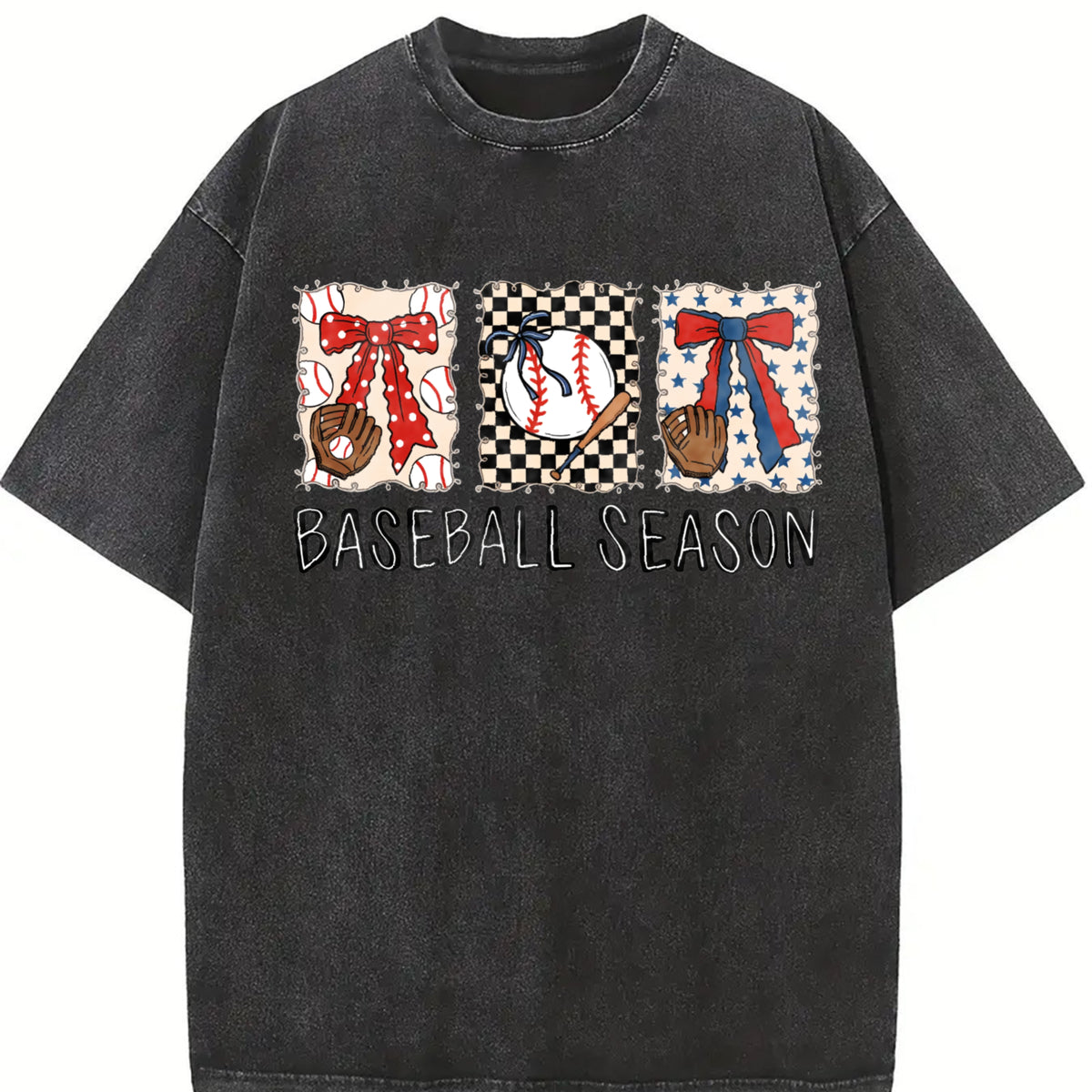 Preppy Baseball Coquette Brushstroke Game Day Baseball Vintage Washed T-Shirt in Black