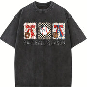 Preppy Baseball Coquette Brushstroke Game Day Baseball Vintage Washed T-Shirt in Black