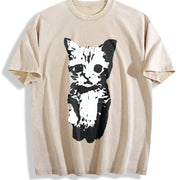 Cat Y2k Gothic Grunge Y2k Emo Scene Amity Affliction Vintage Washed T-Shirt in Beige