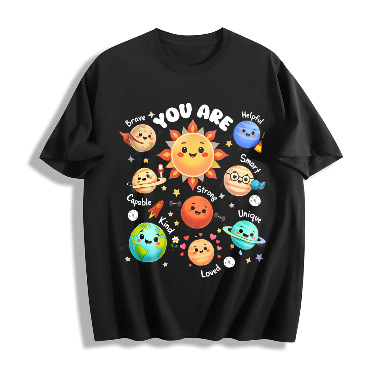 You Are Positive Affirmation Solar System Cotton T-Shirt in Black
