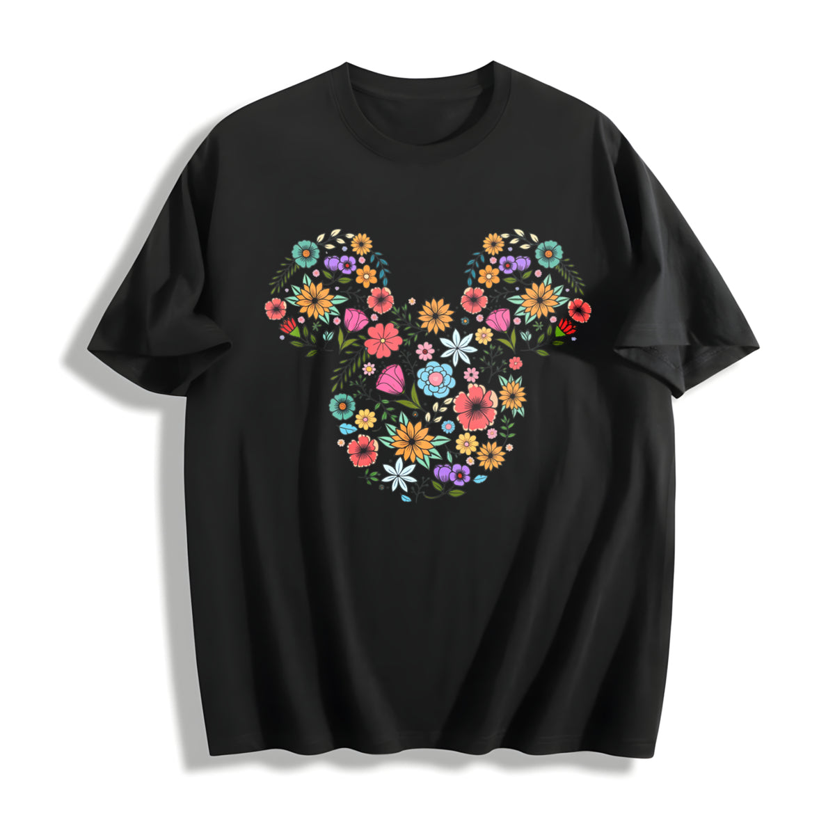 Floral Mouse Head Whimsical Ears Cotton T-Shirt in Black