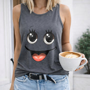 Cartoon Joyful Face Sleeveless Racer Vest Women's Color Cotton Tank Top in Gray