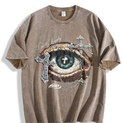 Eye & Cross Gothic Grunge Y2k Emo Scene Amity Affliction Vintage Washed T-Shirt in Brown