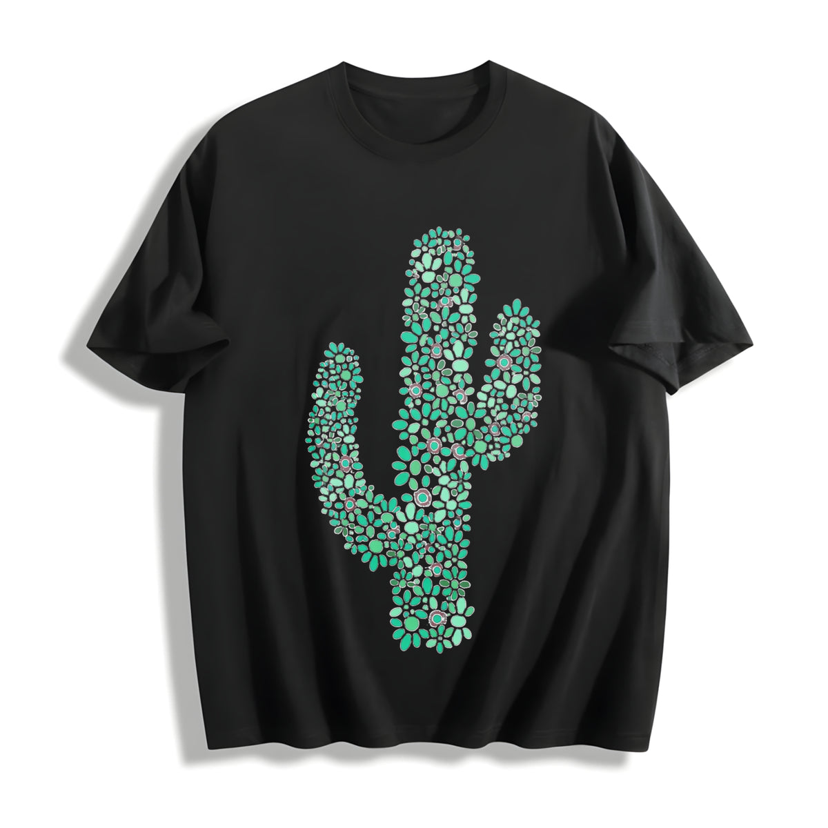Turquoise Cactus Inspired Western Cowgirl Cotton T-Shirt in Black