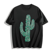 Turquoise Cactus Inspired Western Cowgirl Cotton T-Shirt in Black