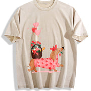 Valentine's Day Spring/ Dachshund Delivering Flowers Vintage Washed T-Shirt in Beige