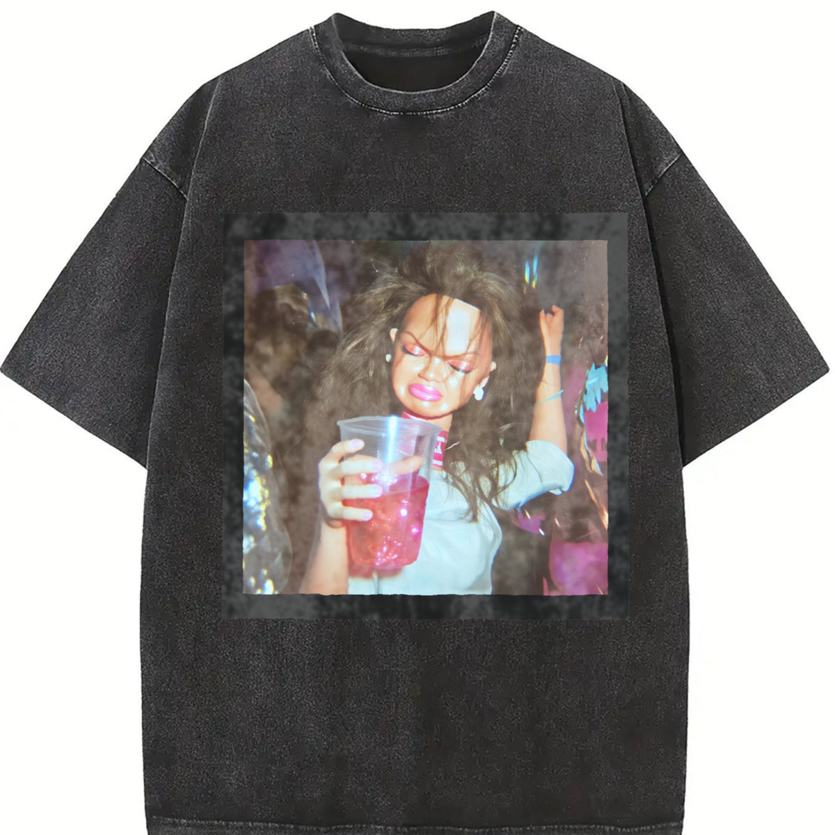 Drinking Glam Doll Vintage Washed T-Shirt in Black
