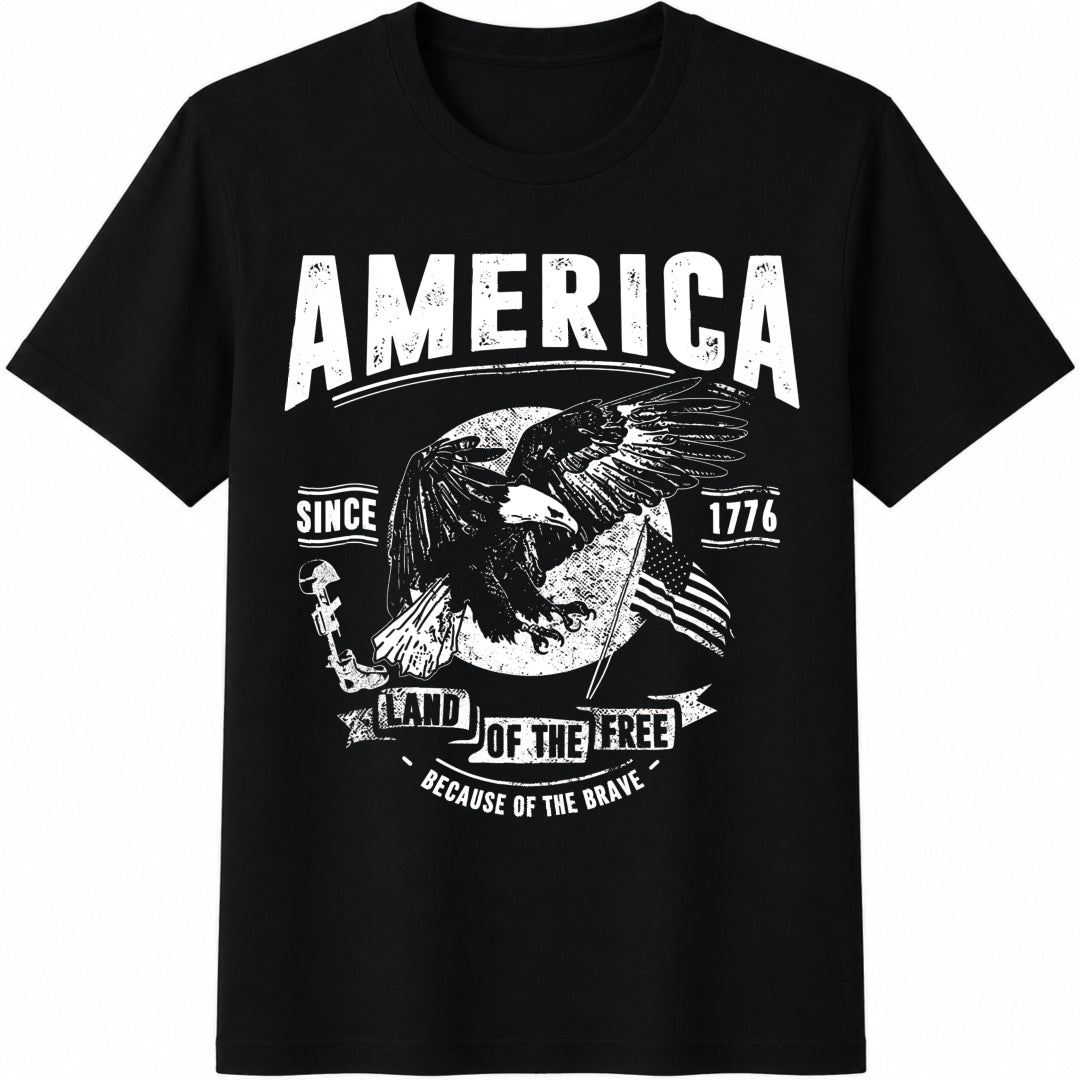 By Sarah Patriotic Home of Free Because of Brave 4th July Cotton T-Shirt in Black