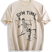 Gym Time Skeleton Vintage Washed T-Shirt in Beige