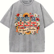 4th of July Patriotic: USA 250th Anniversary Flag Vintage Washed T-Shirt in Gray