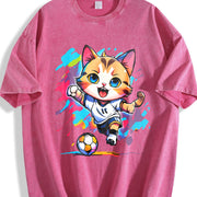 Cat Soccer Player Vintage Washed T-Shirt in Red