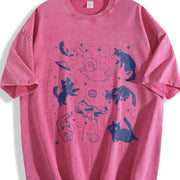 Retro Cats in Space with Stars and Planets 90s Vintage Washed T-Shirt in Red