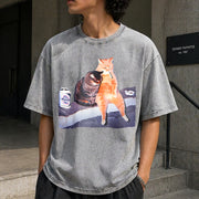 Bowling Cat Vintage Washed T-Shirt in Gray