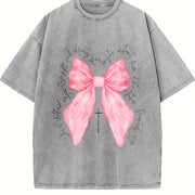 Coquette Christian Pink Bow Faith Vintage Washed T-Shirt in Gray
