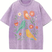Folk Art Birds and Flowers Vintage Washed T-Shirt in Purple
