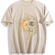 Mystical Sun and Moon Face Yin Yang Hippie Chic Hippy Vintage Washed T-Shirt in Beige