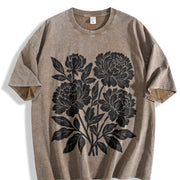 Linocut Flower ® Retro Block Peonies Vintage Washed T-Shirt in Brown