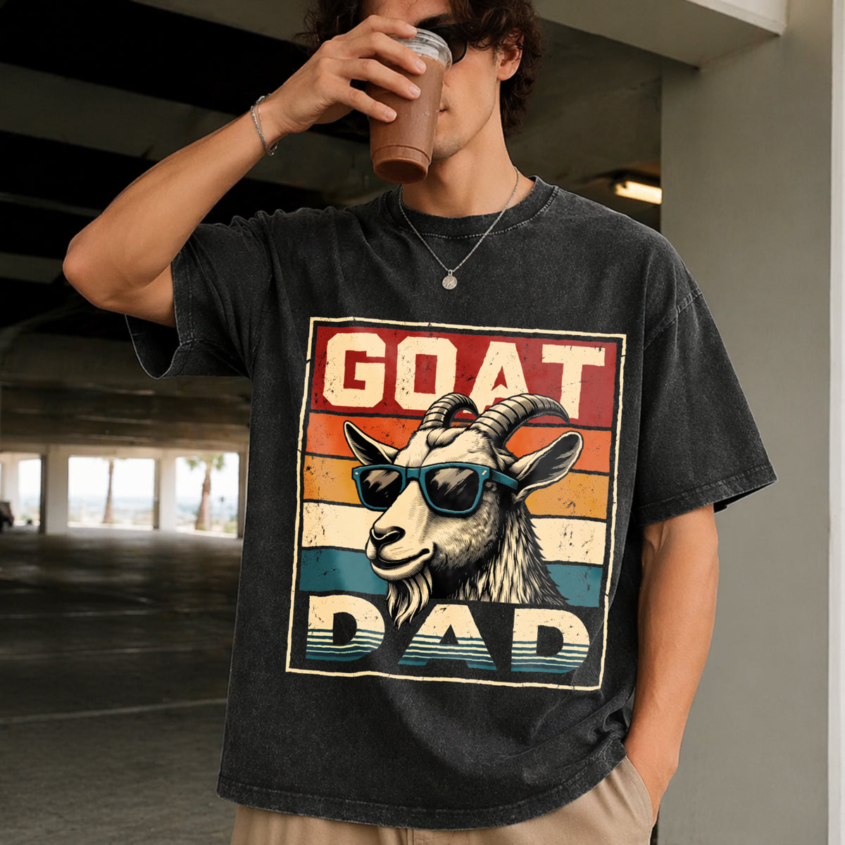 Goat Daddy Fathers Day for Dad Vintage Washed T-Shirt in Black