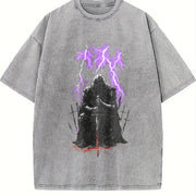 Medieval Knight Dark Fantasy Lightning Warrior Gothic Vintage Washed T-Shirt in Gray