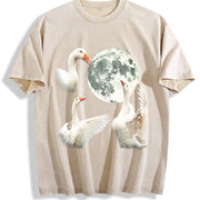 White Goose Howling at Moon 90s Vintage Washed T-Shirt in Beige
