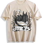 Inspired Whimsical Black Dragon & Floral Book Vintage Washed T-Shirt in Beige