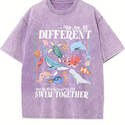 We Are All Different Swim Together Inclusive Ocean Animals vintage washed oversized T-shirt in Purple
