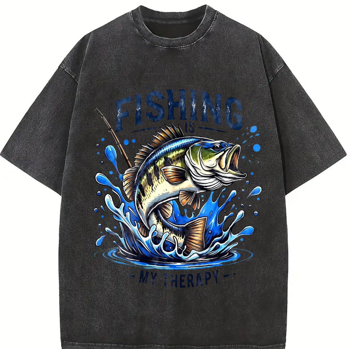 Fishing Is My Therapy Vintage Washed T-Shirt in Black