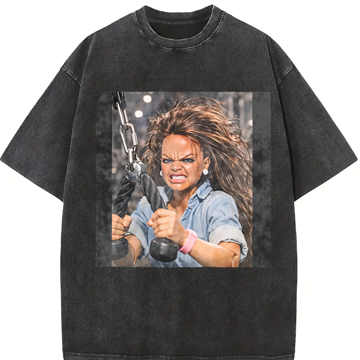 Strong Woman Lifting Weights Vintage Washed T-Shirt in Black