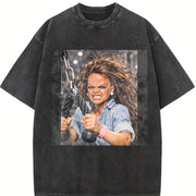 Strong Woman Lifting Weights Vintage Washed T-Shirt in Black