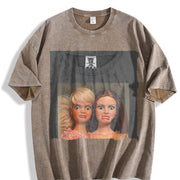 Two Glam Dolls Portrait Vintage Washed T-Shirt in Brown