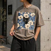 Black Cat Floral Vintage Washed T-Shirt in Brown