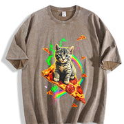 Cat Meme Pizza Galaxy Vintage Washed T-Shirt in Brown