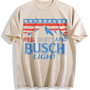 Red White and Busch Light American Flag Mountain Double Vintage Washed T-Shirt in Beige